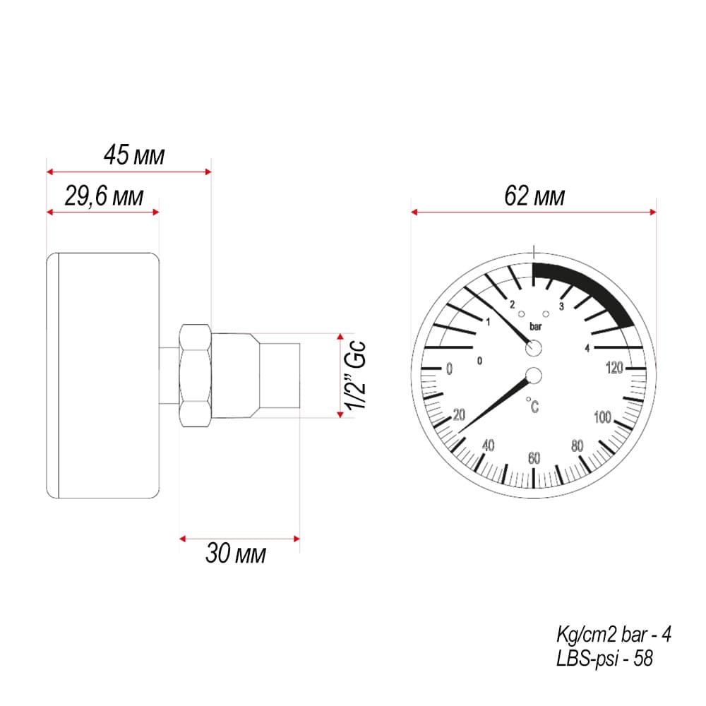 Термоманометр ITAP 485 с осевым подключением 1/2", 4 бар арт.485B012 фото2