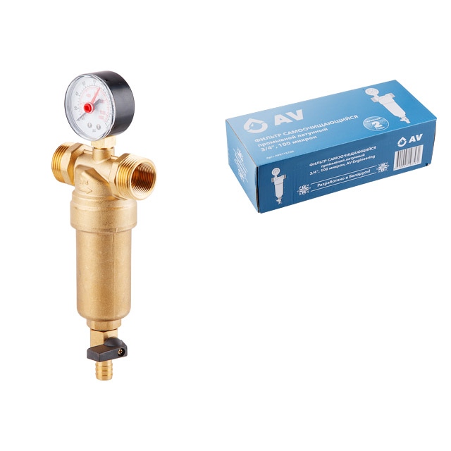 Фильтр самоочищающийся 1" нар. или 3/4"вн., 100 микрон, с манометром, AV Engineering (инд. упак.) (промывной латунный) Артикул: AVE115702 фото1