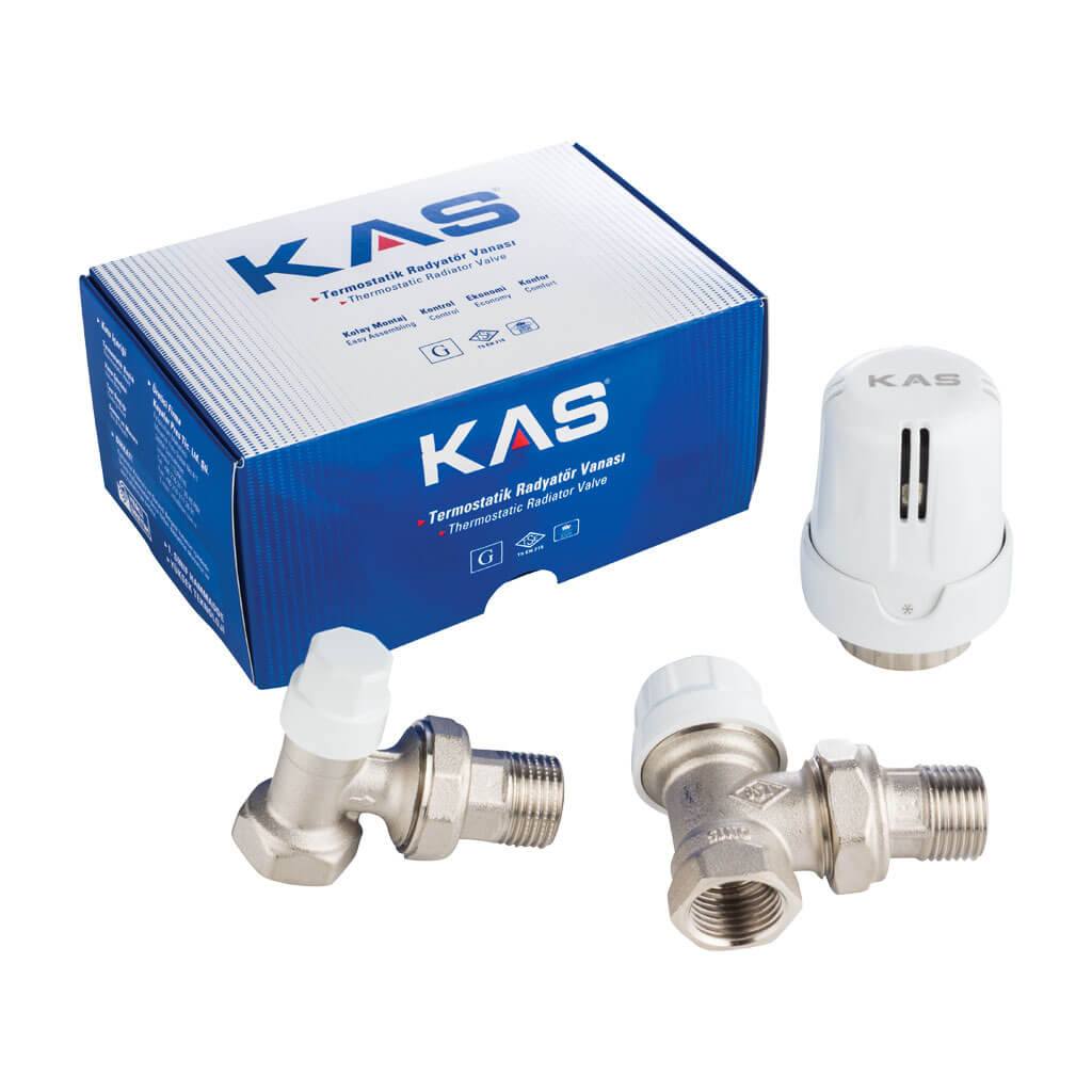 Термоcтатический комплект радиаторных кранов 1/2" угловой (с термоголовкой) KAS фото1