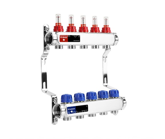Распределительный коллектор (группа) с расходомерами Varmega VM15106 ВР 1", на 6 контуров 3/4" EK, нержавеющая сталь фото2