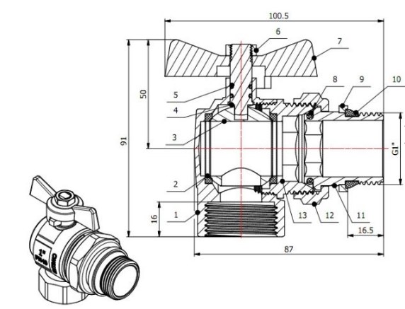 Кран шаровый угловой 1" нар.-вн. бабочка (со сгоном) PN40, AV Engineering (с уплотнительным кольцом) (AVE095001E) фото2