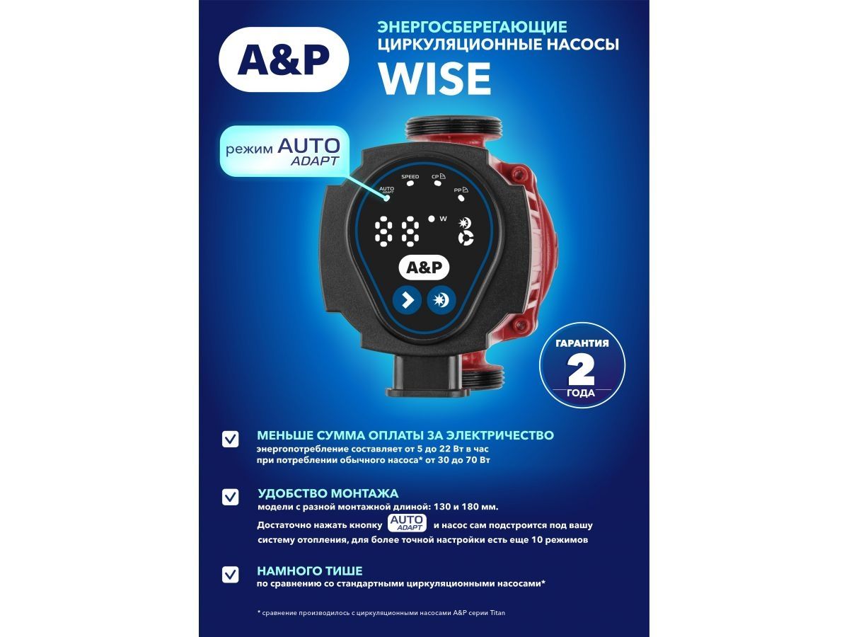 Насос циркуляционный WISE-25/40-130, A&P (5-22 Вт, 2400 л/ч, 4 м) (AP118W002) фото5
