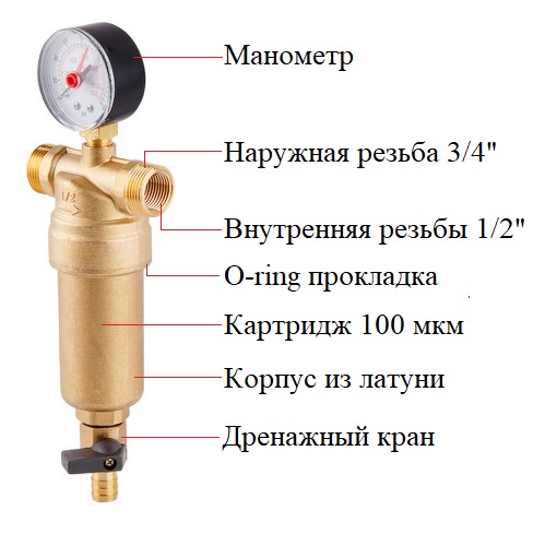 Фильтр самоочищающийся 3/4" нар. или 1/2" вн., 100 микрон, с манометром, AV Engineering (инд. упак.) (промывной латунный) Артикул: AVE115701 фото2