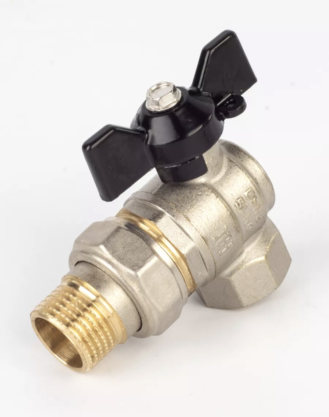 Кран шаровый угловой с американкой 1" нар.-вн. бабочка (со сгоном) PN 40 LD (LD 47.206.25) фото1