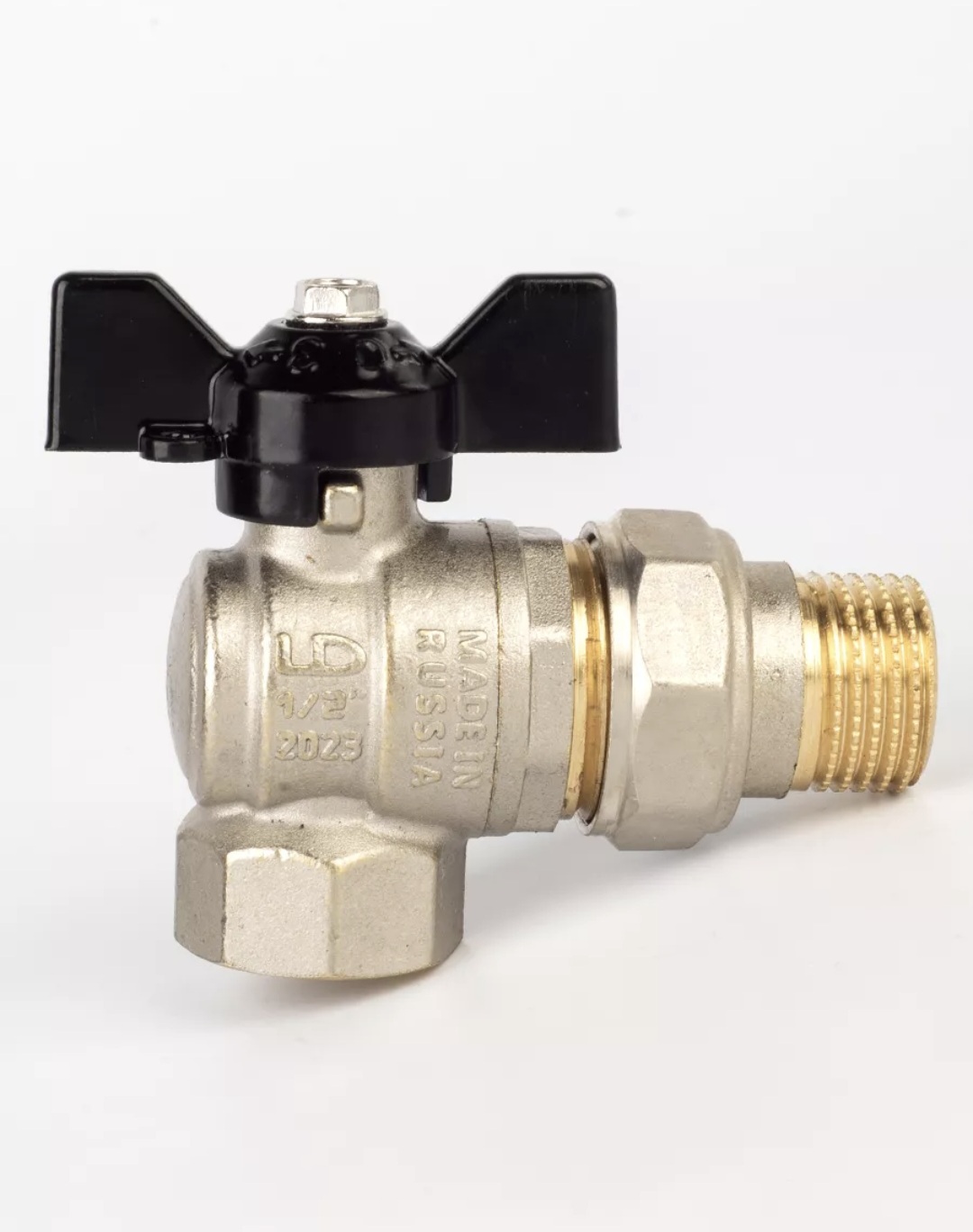 Кран шаровый угловой с американкой 1" нар.-вн. бабочка (со сгоном) PN 40 LD (LD 47.206.25) фото2